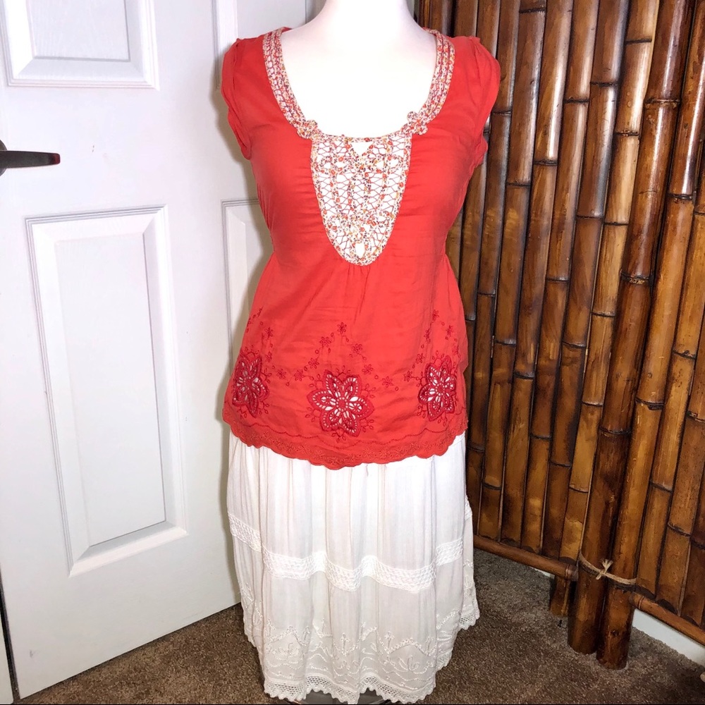 Lulumari Top Orange with floral trim, Small